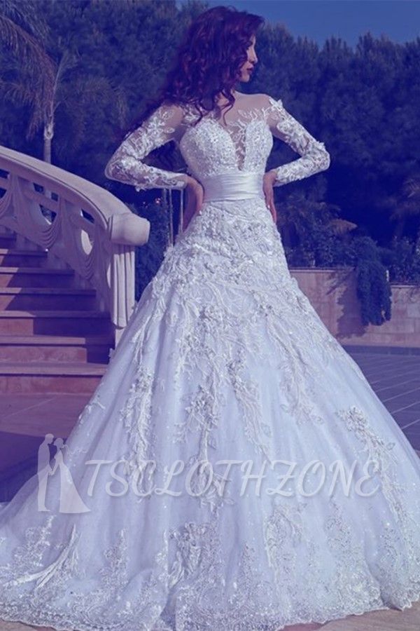 Elegante lange Ärmel Tüll Brautkleider 2022 | Sexy Brautkleid mit durchsichtigen Applikationen online