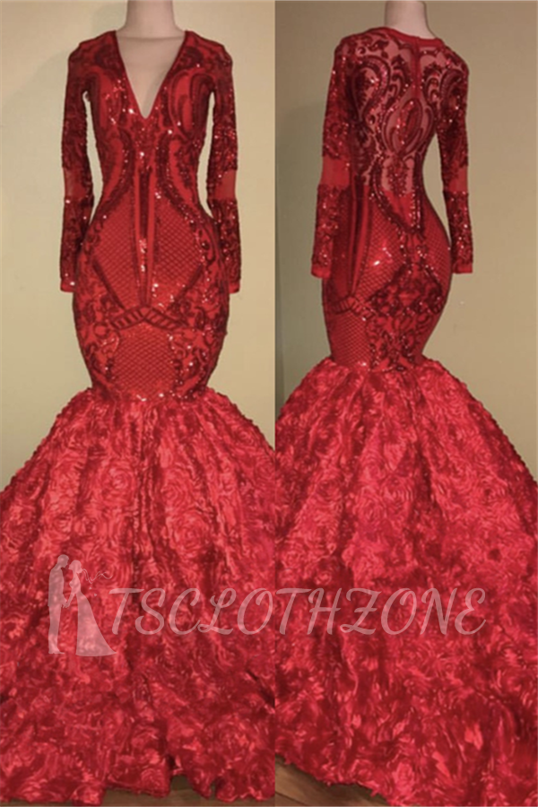 Sexy V-neck Sparkle Appliques Fit and Flare Floral Prom Dress | Elegant Long Sleeve Luxury Scarlet Dress for Prom