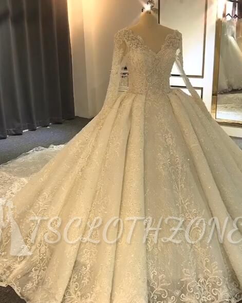 Luxurious Long Sleeve Lace Wedding Dresses| Bal Gown Crystal Bridal Gowns