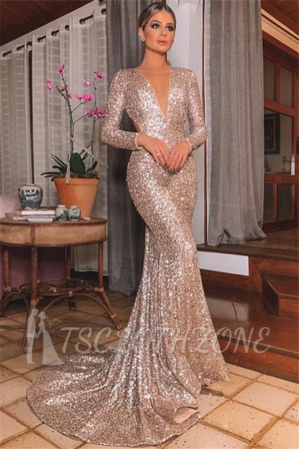 Mermaid Sexy Silver Backless Lone-Sleeves V-Neck Sequins Evening Dresses