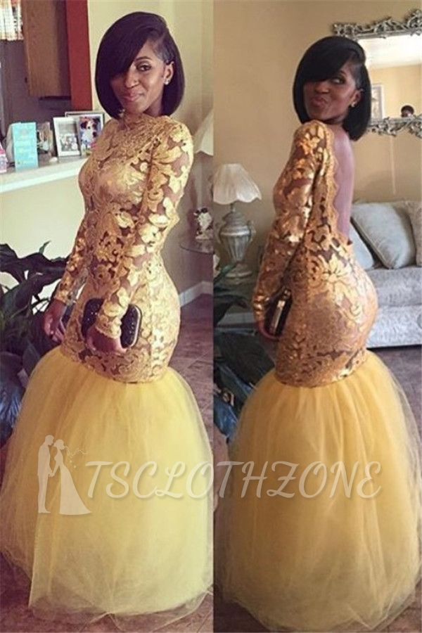 Langärmlige goldene Spitzen-Abschlussballkleider 2022 | Sexy Abendkleid aus Meerjungfrau-Tüll mit offenem Rücken