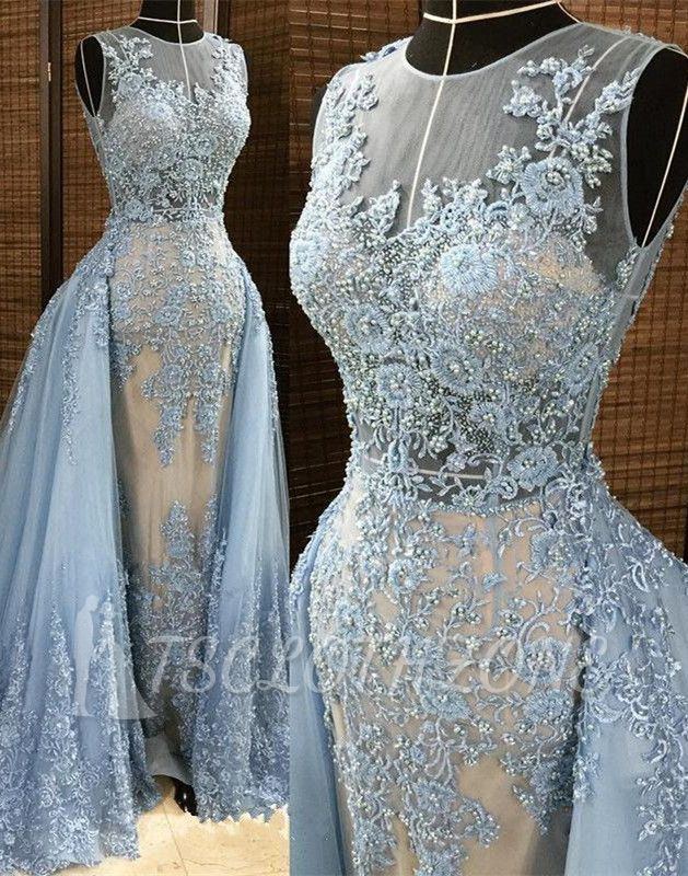 Gorgeous Column Sleleveless Long Evening Dresses | Lace Appliques Beading Sexy Prom Dress with Overskirt