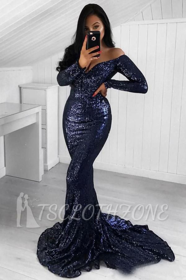 Schwarze Abendkleider mit Pailletten im Meerjungfrau-Stil 2022 | Schulterfreie Abendkleider mit langen Ärmeln