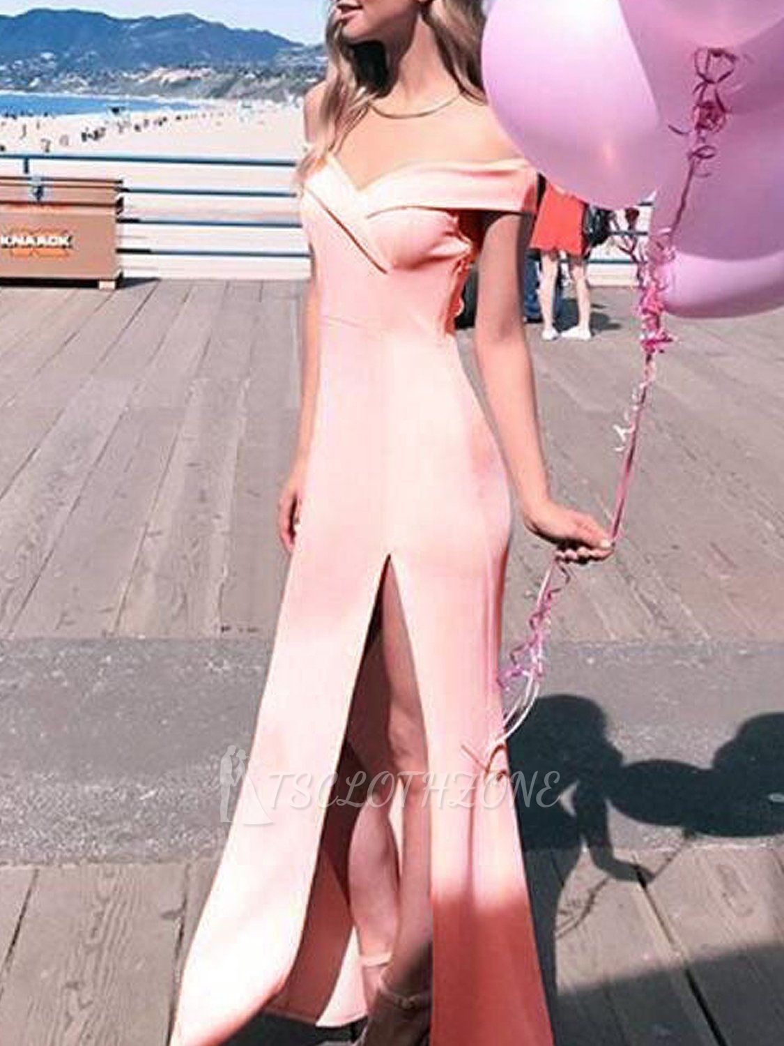 Pink Sheath Off-The-Shoulder Prom Dresses 2022 Simple Side Slit Evening Dresses