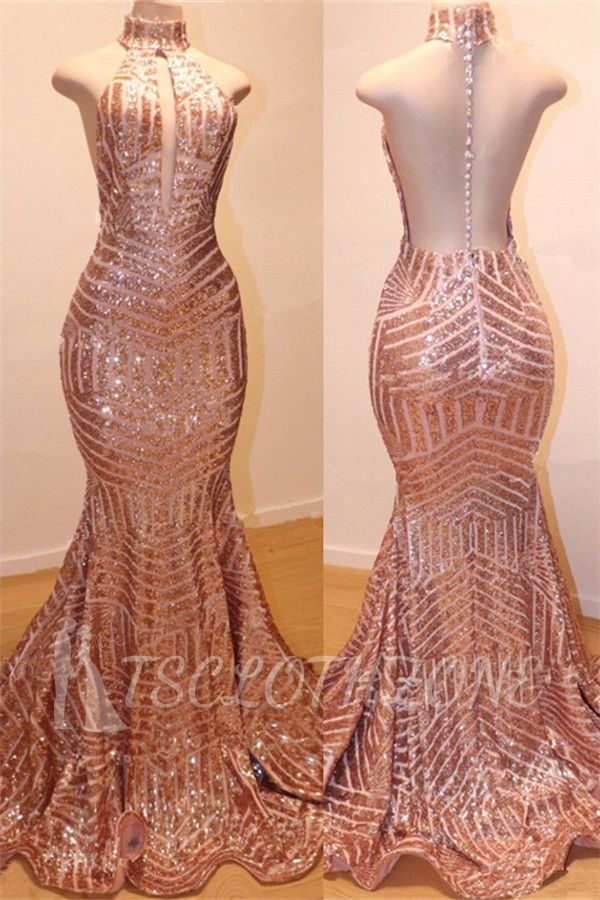 Halter Sparkle Sequins Sexy Prom Dress Cheap Online | 2022 Mermaid Sleeveless Sheer Back Evening Gowns