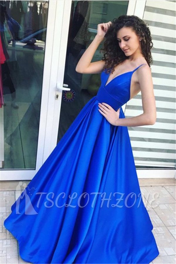 Simple Royal Blue A-line Spaghetti Straps Evening Dresses | 2022 Puffy Open Back Formal Dresses
