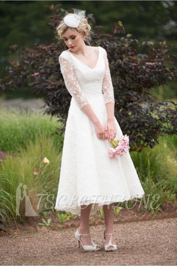 Gorgeous White 2/3 sleeves V-neck Short Garden Wedding Dress