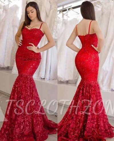 Glamorous Red Lace Long Evening Dresses | 2022 Spaghetti Straps Mermaid Evening Gowns Online
