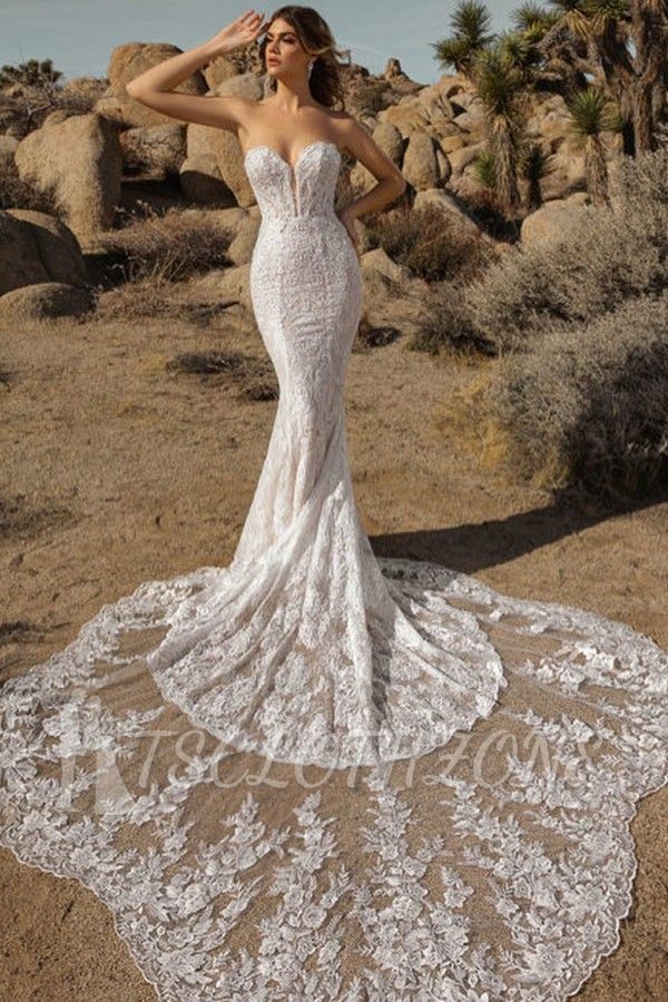 Schillerndes Schatz-Meerjungfrau-Garten-Hochzeitskleid mit Spitzenapplikationen