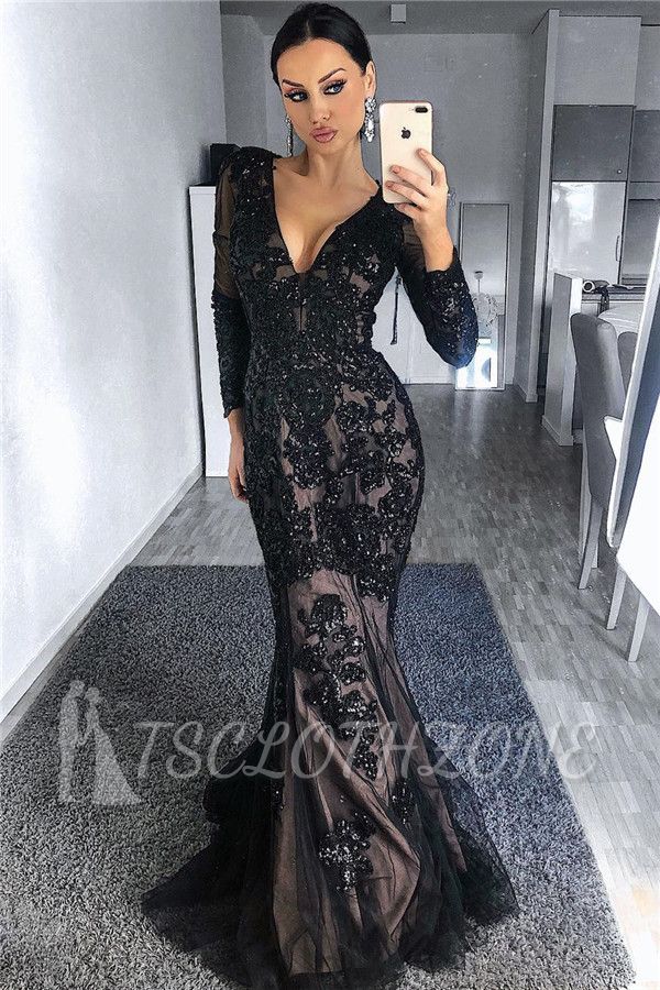 Charming Black Tulle Nude Lining Evening Dresses with Sleeves | Elegant Long Sleeve Beads Appliques Prom Dresses