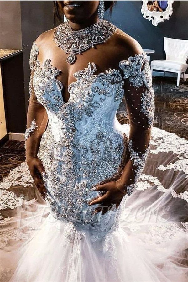 Luxury Long Sleeves Beading Appliques Rhinestones Mermaid Wedding Dress with Sweep Train