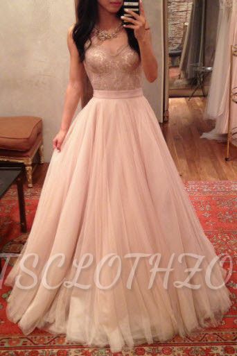 Latest A-Line Natural Tulle Prom Dress Lace Floor Length Formal Occasion Dresses