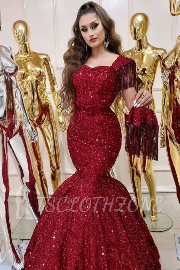 Shinny Sequins Tassels Sleeve Mermaid Prom Dress