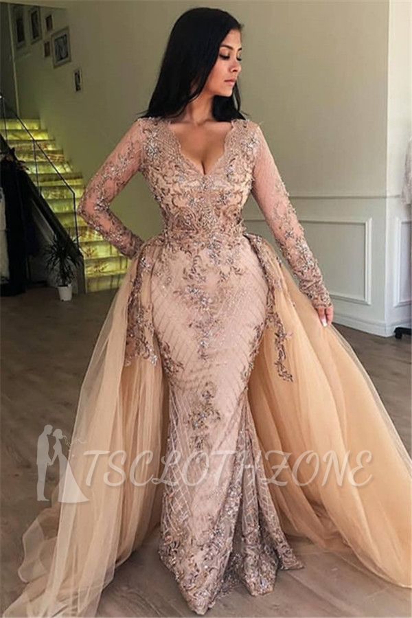 Elegant V-Neck Long Sleeves Tulle Evening Dresses | Sexy Mermaid Appliques Prom Dresses with Detachable Skirt