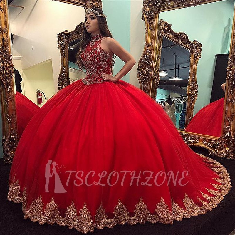 Exquisite High-Neck Sparkly Beadeds Puffy Quinceanera Dresses | Appliques Sweet 16 Dresses Long