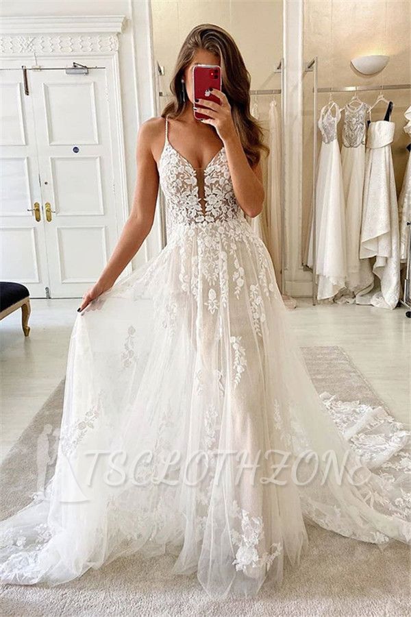 V-Neck Spaghetti Tulle Lace Applique A-line Bridal Wedding Dress