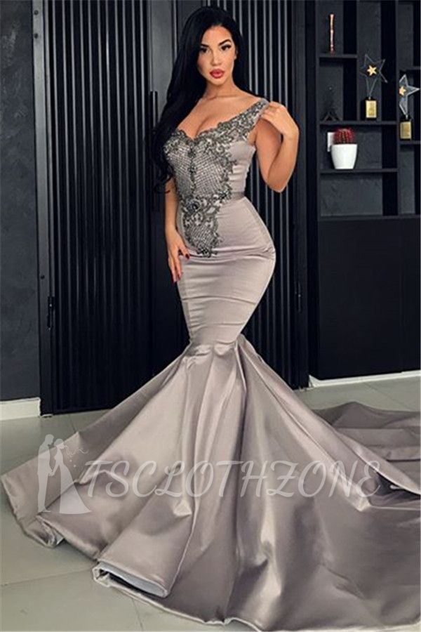 Hot V-Neck Silver Sleeveless Beaded Evening Dresses | Mermaid Beaded Appliques Evening Gowns