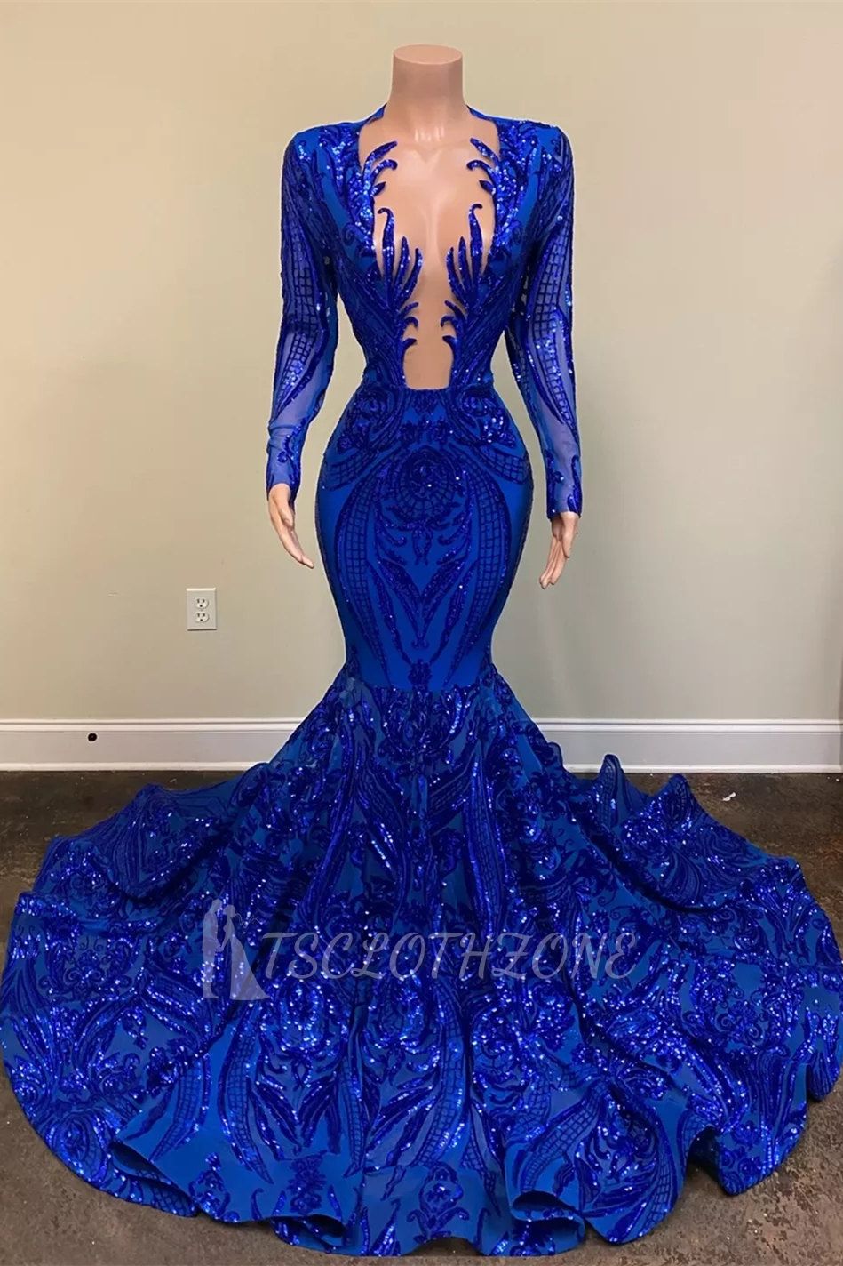 Royal blue long sleeves sequin floor length sparkle prom dress