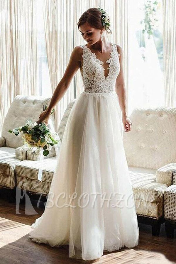 White/Ivory V-Neck Lace Tulle Bridal Dress Aline Beach Wedding Dress