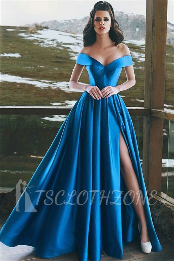 Off-The-Shoulder Sexy Split Prom Dresses 2022 | Elegant Blue Cheap Formal Evening Dress