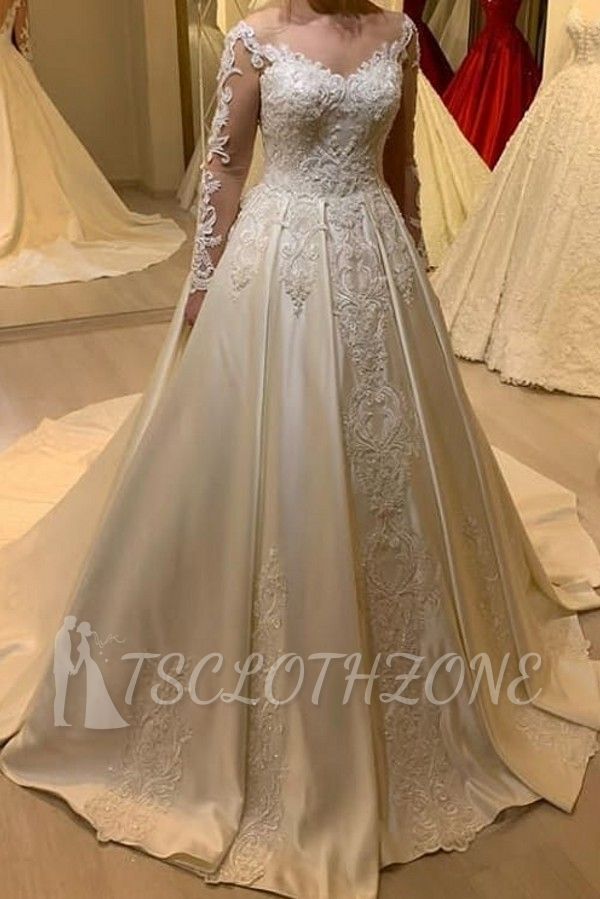 Elegant Off Shoulder Long Sleeves White Lace Satin Bridal Dress with Sweep Train