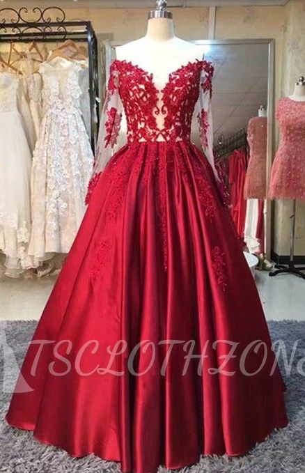 2022 Red Prom Dresses Off-the-Shoulder-Spitze Appliques Long Sleeves Puffy Abendkleider