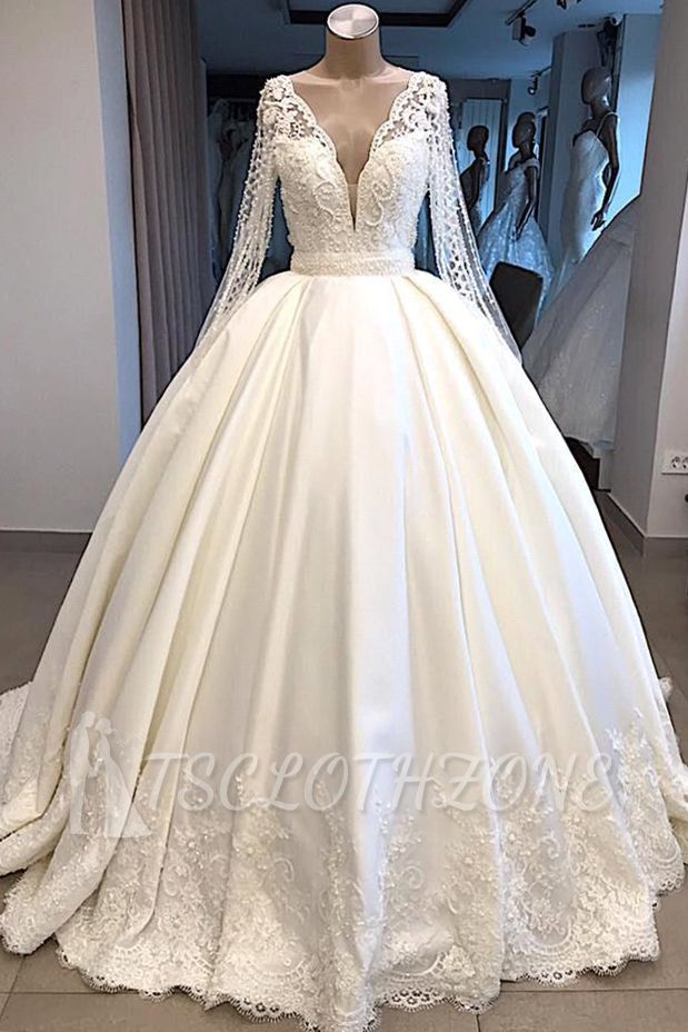 V-neck Long Sleeve Ball Gown Wedding Dress 2022 | Satin Beaded Lace Luxury Bridal Gowns Online