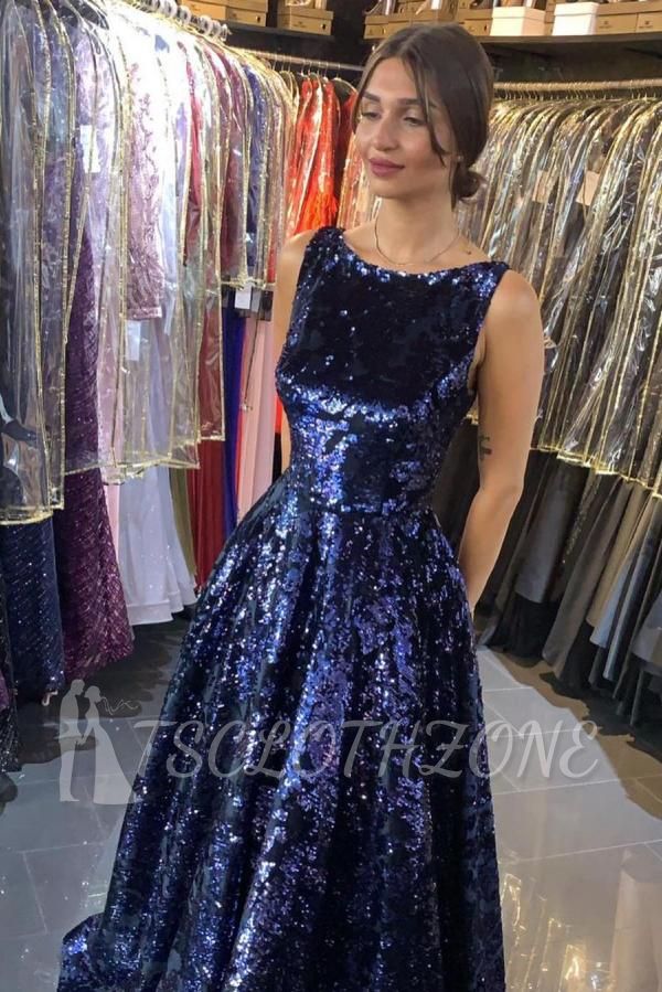 Shinny Scoop Neck Sequins Sleeveless Aline Evening Dress