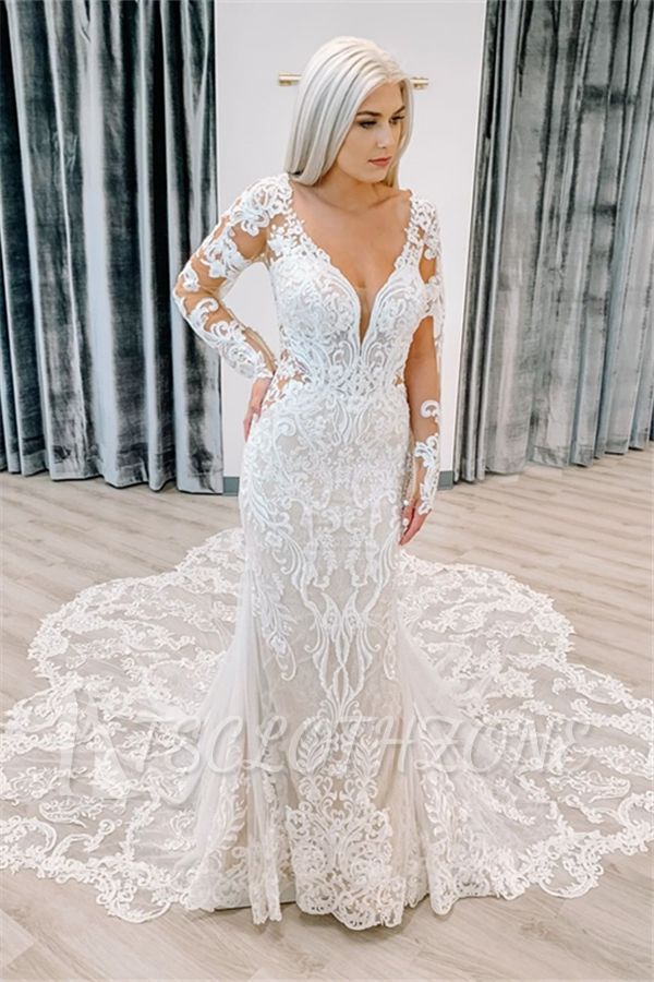 Chic Lace Long sleeves Court Train Column Wedding Dress