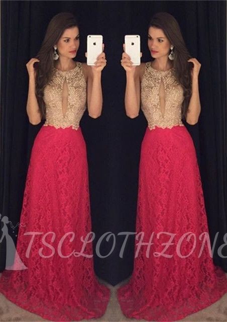 Long Jewel Sleeveless Hot Pink Evening Gown 2022 Sweep-Train Newest Lace Prom Dress