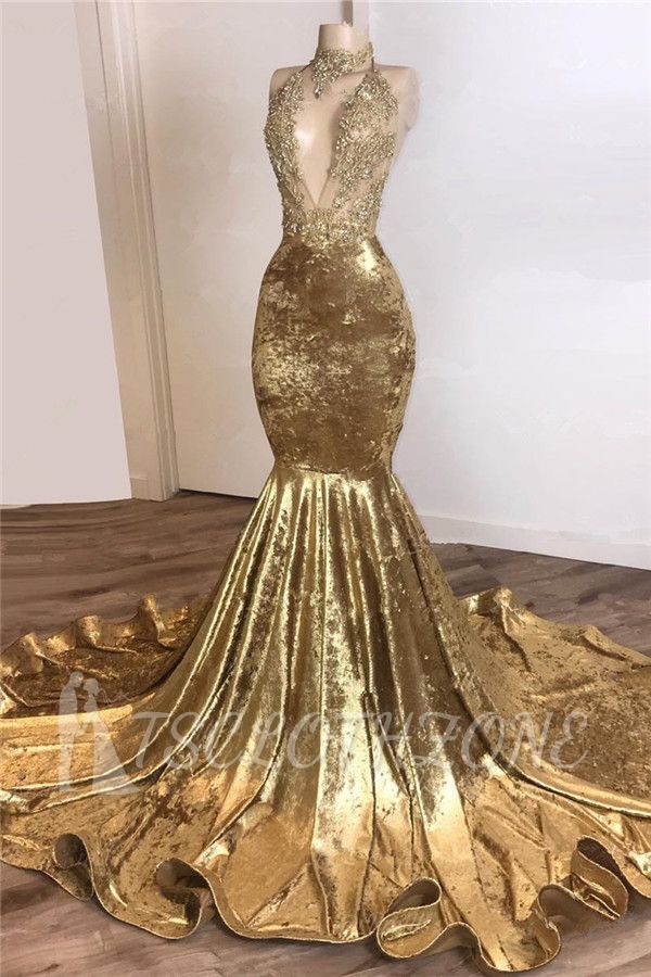 Halter Backless Gold Prom Dresses Cheap with Beads Appliques | Mermaid Velvet Sexy Evening Gowns