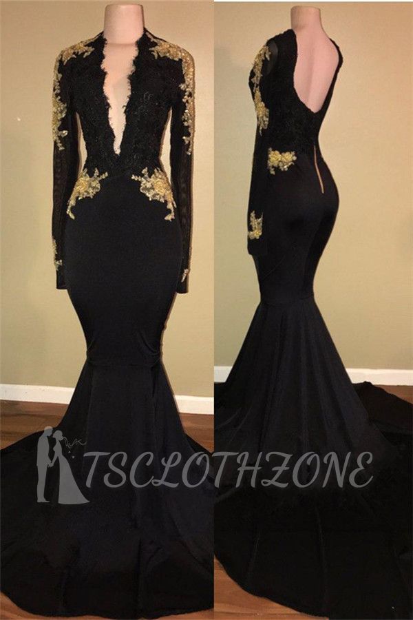 Gold Lace Long Sleeve Prom Dress 2022 | Sexy Black Open Back Mermaid Evening Dress Cheap
