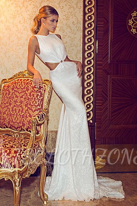 Elegant Jewel White Wedding Dresses 2022 Sequined Court Train Sleeveless Bridal Gowns