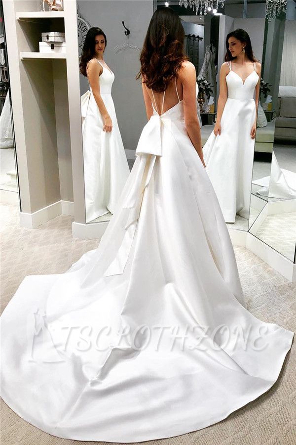 Chic White A-line Cheap Wedding Dresses | Spaghetti Straps Open Back Bridal Gowns