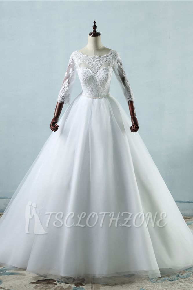 TsClothzone Elegant Jewel Tulle Lace Wedding Dress 3/4 Sleeves Appliques A-Line Bridal Gowns On Sale