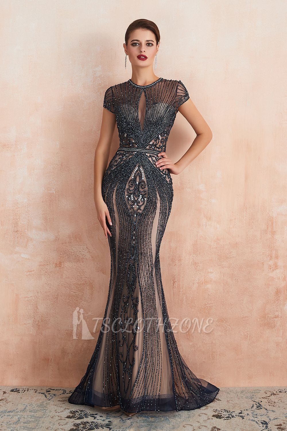 Chloe | Luxury Dark Navy Cap Sleeve Key hole Sparkle Prom Dress Online, Beautiful Champange Dresses for Evening Party