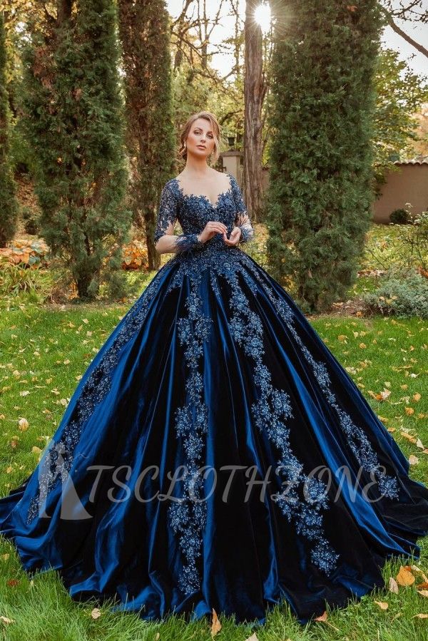 Gorgeous Long Sleeves Velvet Ball Gown with 3D Floral Appliques