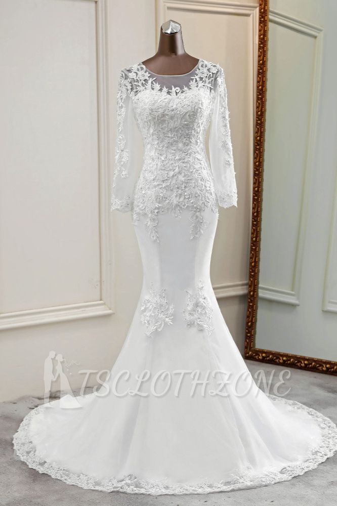 TsClothzone Elegant Jewel Lace Meerjungfrau Weiße Brautkleider mit langen Ärmeln Applikationen Brautkleider