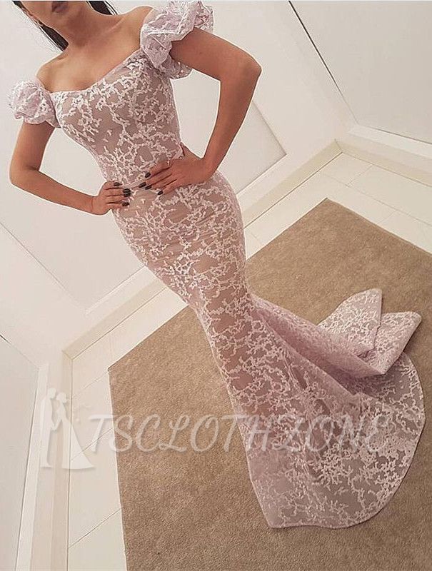 Elegante Abendkleider mit Meerjungfrau-Spitze 2022 | Schulterfreies Ballkleid mit Sweep-Zug