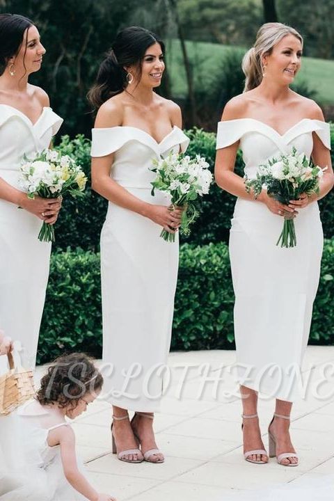 Elegantes Weißes Brautjungfer Kleid Schultfrei | Schöne Brautjungfernkleider Knöpel Lang Online Kaufen