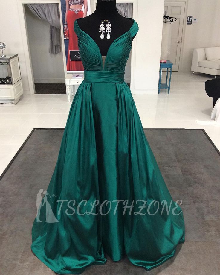Long Cap Sleeve A line Modern Evening Gown 2022 Dark Green V-neck Prom Dress