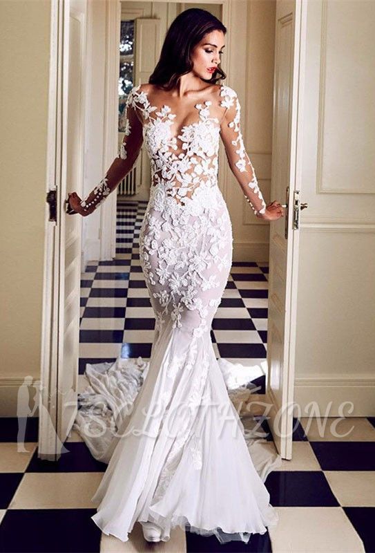 Charming Crew Neck Long Mermaid Lace Appliques Wedding Dresses|Long Sleeve Slim Bridal Gowns
