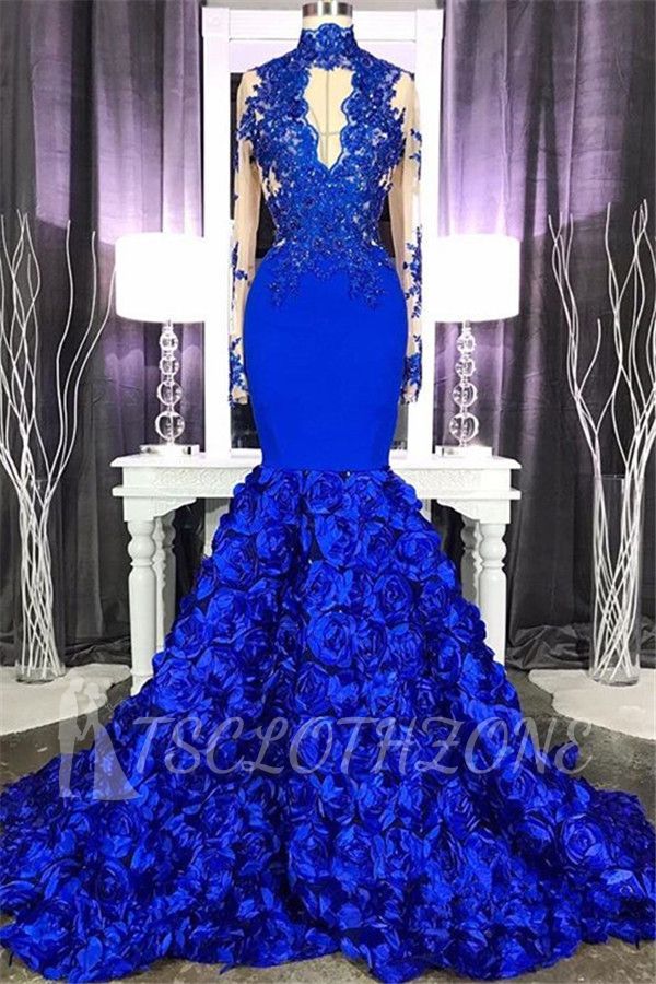 Elegant Long Sleeve Lace Appliques Prom Dress Online | Fit and Flare Royal Blue Floral Prom Dress with Keyhole