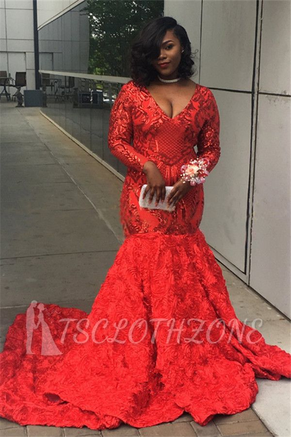 V-neck Sequins Red Flower Prom Dress | Charming Long Sleeve Mermaid Evening Gowns