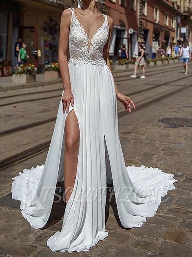 A-Line Wedding Dress V-neck Chiffon Lace Sleeveless Bridal Gowns Beach Sexy See-Through with Court Train
