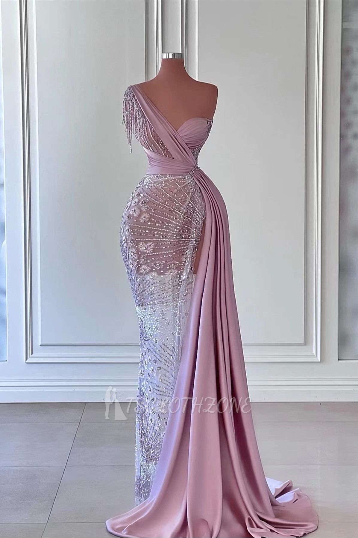 One shoudler Pink Pleats Long Prom Dresses