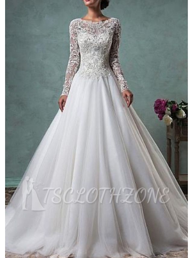 Glamorous A-Line Wedding Dresses Jewel Lace Tulle Long Sleeve Bridal Gowns Illusion Sleeve Bridal Gowns Sweep Train