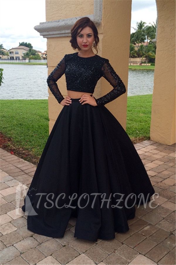 Long Sleeves Beaded Two Pieces Evening Dress Black A-Line 2022 Prom Dress