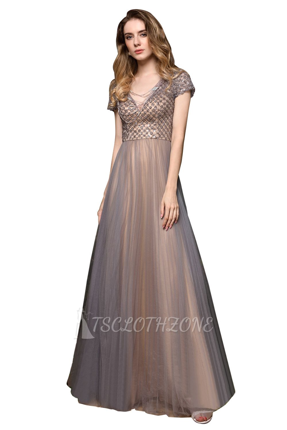 Aria | Stunning Short Sleeves Squared Sequined Tulle Luxury Prom Dress