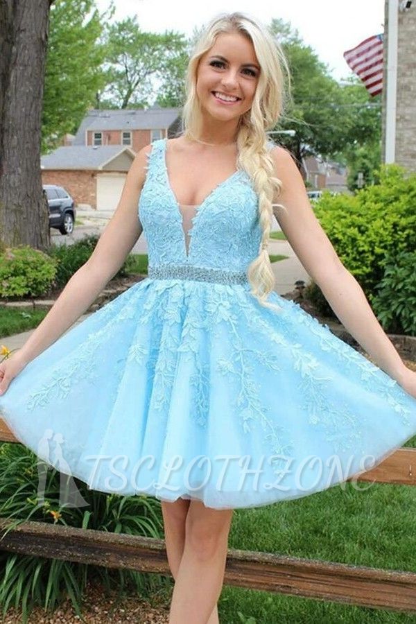 Cute Sky Blue Floral Lace V-Neck Short Homecoming Dress Sleeveless Party Dress
